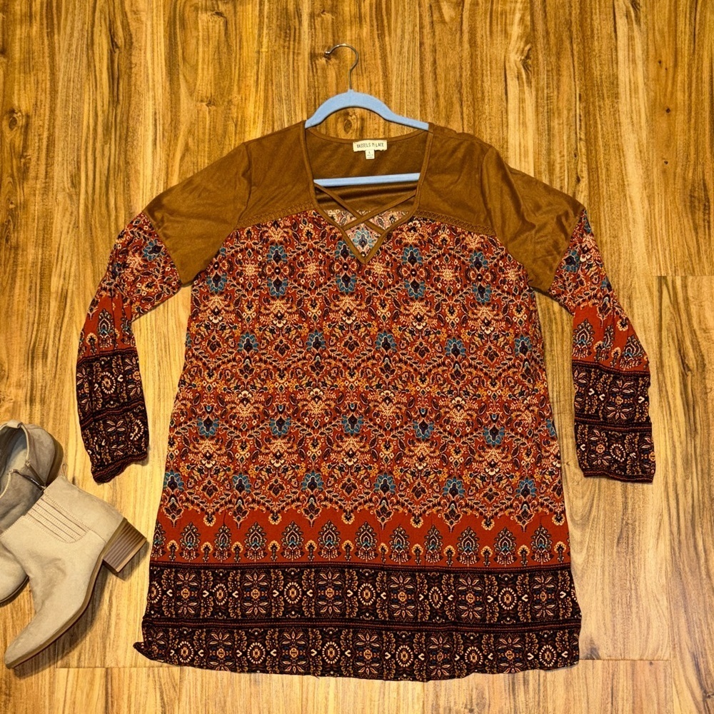 Tassels N Lace women’s large 12 14 dress mini Long Sleeve Boho suede orange tan